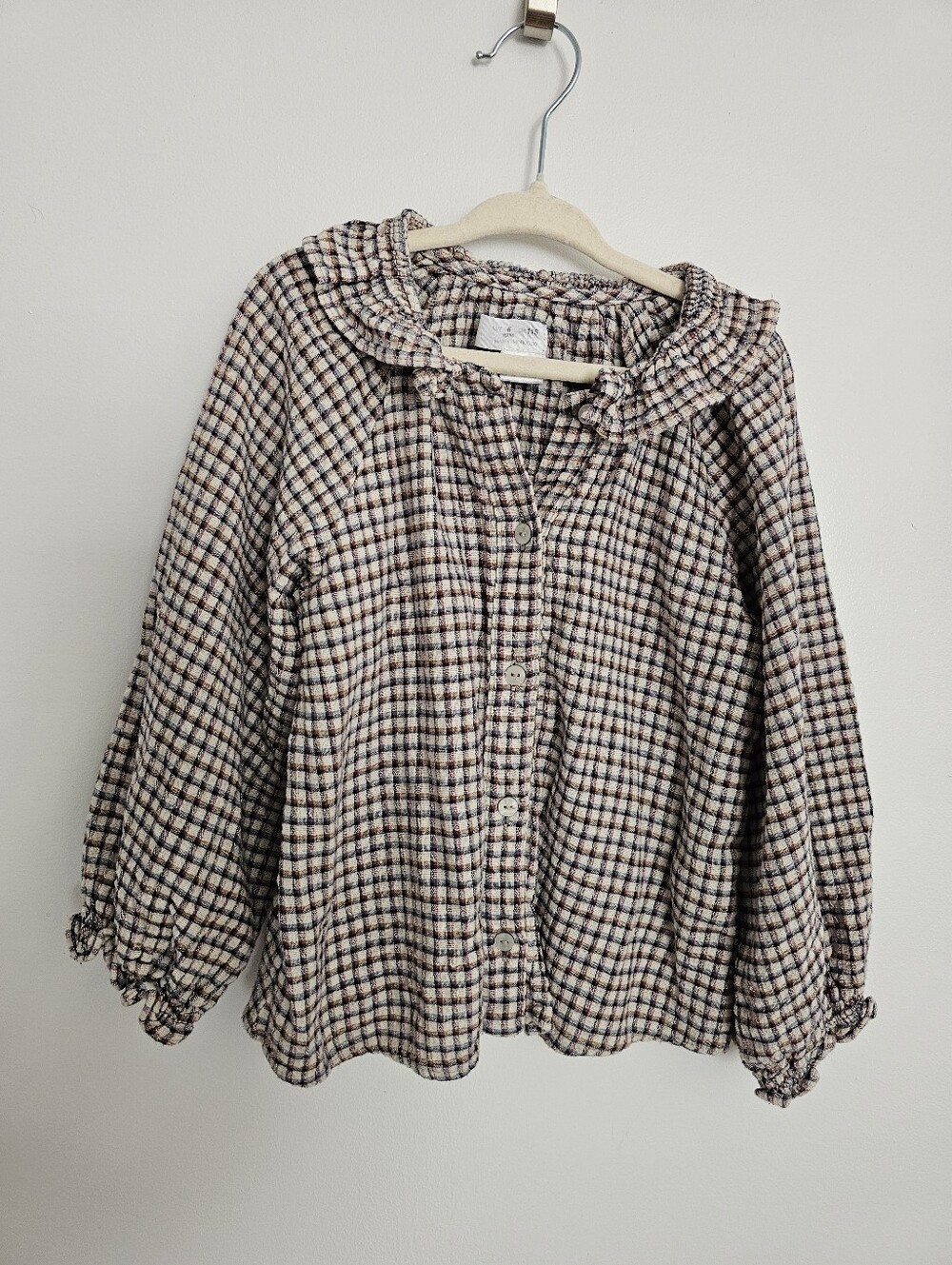 🧸2/20$ Zara 6T Girl Plaid Button-Up Blouse Cream Ruffle Collar